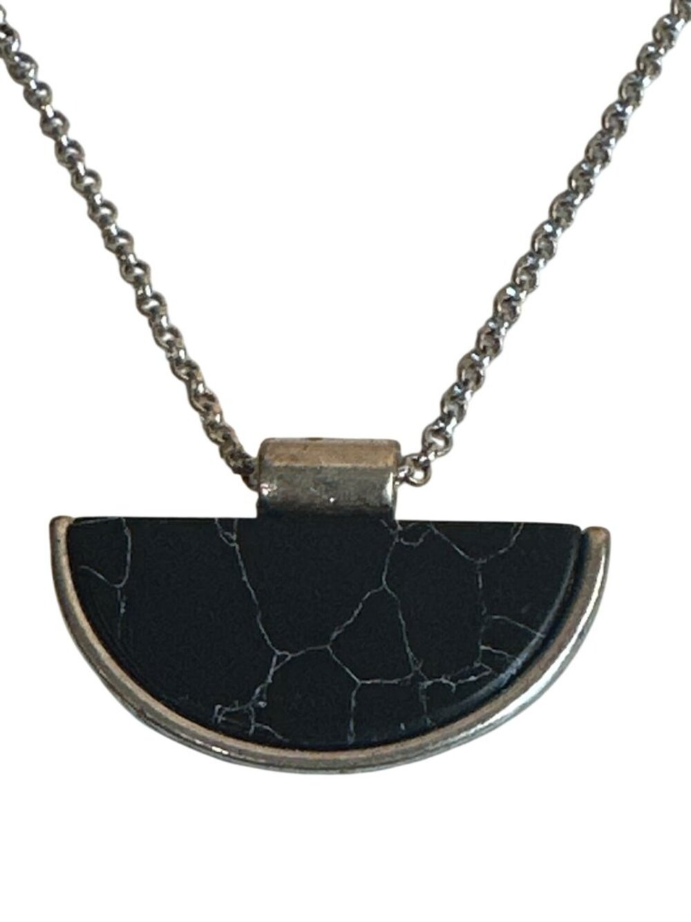 Silver Chain Necklace Black Crescent Stone Pendant & Crackle Design Elegant Chic